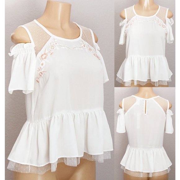 Esley Tops - Ivory Embroidery Cold Shoulder Ruffle Peplum Top